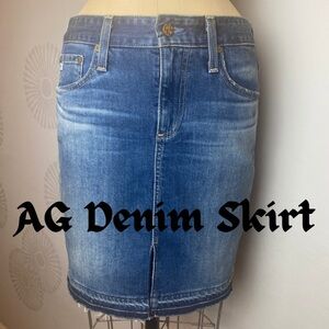 AG Blue Denim Short Jean Pencil Skirt , “ The Erin”, size 27, Raw Hem, 26” long.